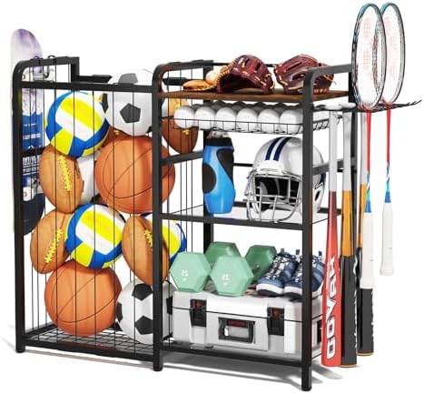 Homsorout Garage Sports Equipment Organizer, Ball Storage for Gear and Toys, Large Capacity, Sports Organizer for Garage with Hooks and Baskets, for golf, Football, Soccer Ball, Bat