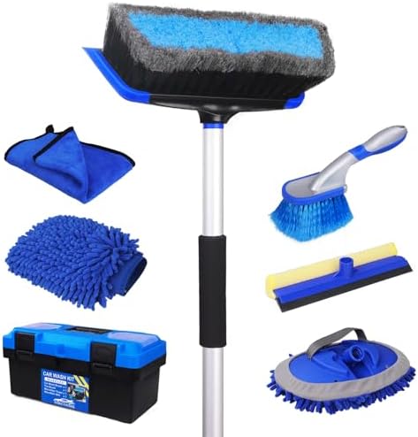 NIKCOSMK 62&#39;&#39; Car Wash Brush with Long Handle, Car Wash Kit with Tire Brush, Tower, Window Squeegee, Chenille Microfiber Car Wash Mop Mitt, Car Cleaning Brush Kit Supplies for Car, Truck, SUV,