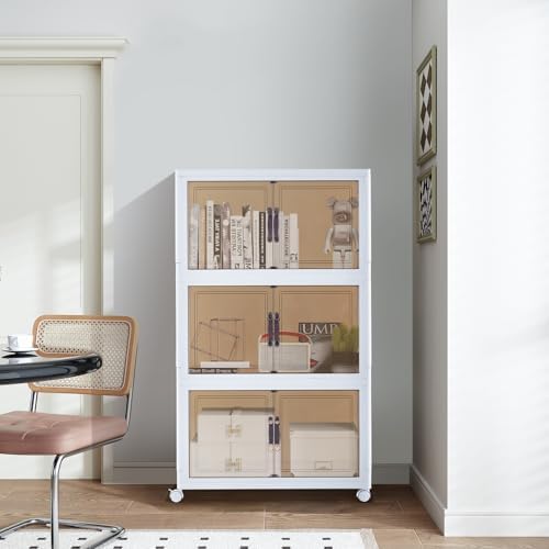 OFCASA 3 Tier Plastic Storage Bins with Lid 105QT Stackable Containers with Wheels Closet Organizers Collapsible Bins for Craft, Home, Pantry, Office, Dorm (White)