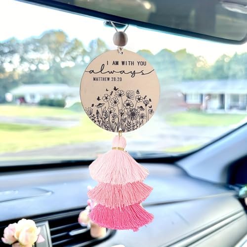 Qpige Christian Car Charm Gifts for Women Men, I am with You Always Rear View Mirror Hanger with Tassel Religious Car Hanging Ornament Accessories(Pink)