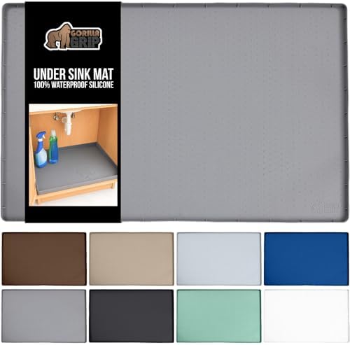 GORILLA GRIP Waterproof Silicone Under Sink Mat with Raised Lip for Kitchen and Bathroom, 34 x 22 in, Cabinet Shelf Liner Stay in Place Mats Dishwasher Safe Drawer Liner, Organizer Tray, Gray