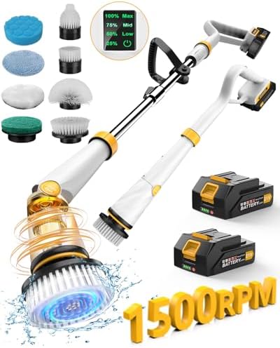 Qimedo Electric Spin Scrubber with Two Batteries Q2 Pro,1500 RPM High Power Electric Scrubber for Cleaning,Shower Cordless Cleaning Brush with Display for Tub\/Tile\/Floor (Effortless Handle\/8 Brushe
