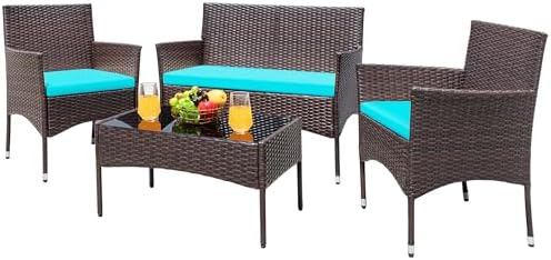 Greesum Patio Furniture 4 Pieces Conversation Sets Outdoor Wicker Rattan Chairs Garden Backyard Balcony Porch Poolside loveseat with Soft Cushion and Glass Table, Brown and Blue