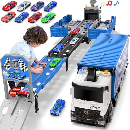 Carrier Truck Race Track Toddlers Toys, Foldable 3 Layer Track Playset, Toy Truck Transport Car Carrier &amp; 8 Race Cars, Truck Car Kids Toys Xmas Gifts for Age 3 4 5 6+ Years Old Boys Girls