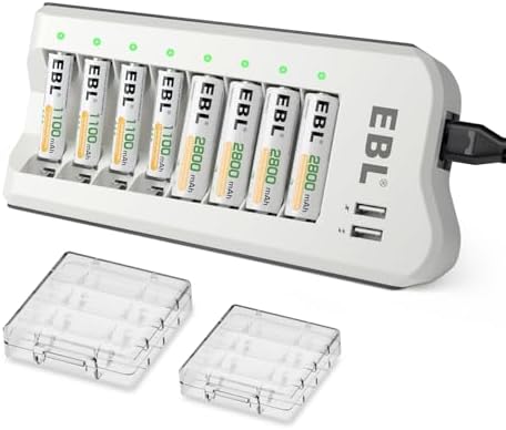 EBL Battery Charger and Rechargeable Batteries AA AAA - 8Bay Smart Charger with 2800mAh AA Rechargeable Batteries(4pcs) &amp; AAA Battery Ni-MH Battery(4pcs) Combo