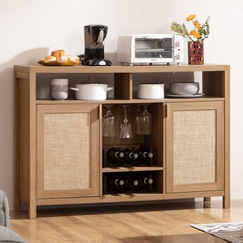 SICOTAS Coffee Bar Cabinet, 51&#34; Rattan Sideboard Buffet Cabinet with Storage, Boho Farmhouse Liquor Cabinet with Wine Racks Credenza Console Table for Home Living Dining Room Entryway, Natural