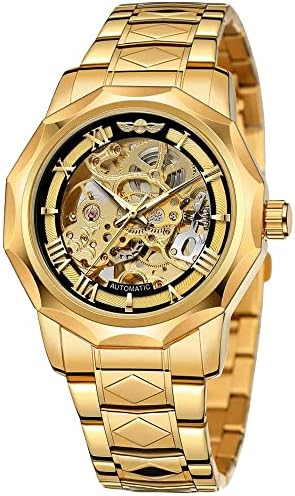 Tiong Fashion Automatic Watches Mechanical Wrist Watch Golden for Mens Skeleton Watches with Stainless Steel Transparent Dial