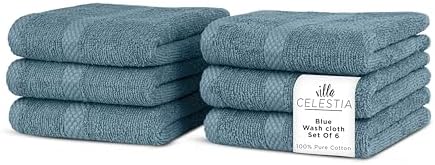 Villa Celestia 100% Cotton Wash Cloth for face &amp; Body Set of 6, (12 x 12 inches) Sustainable, Soft, Highly Absorbent, Combed Cotton Wash Cloths Pack of 6 for Hotels, Spa, Bathroom, Dorm, Blue