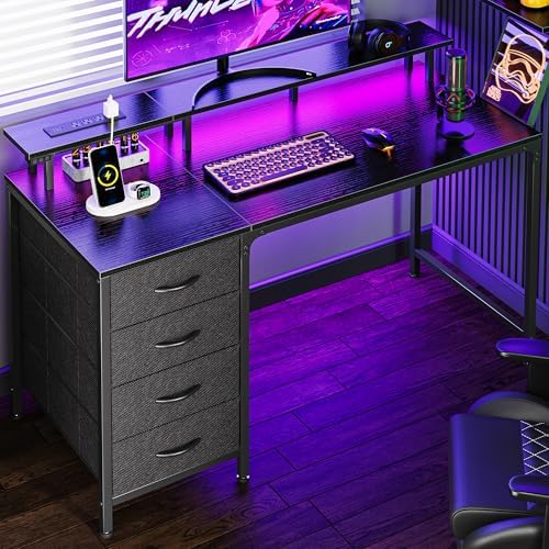 Huuger 47 Inch Computer Desk with Power Outlets and LED Lights, Gaming Desk with 4 Drawers, Office Desk with Monitor Stand, Study Work Home Office, Small Spaces, Black
