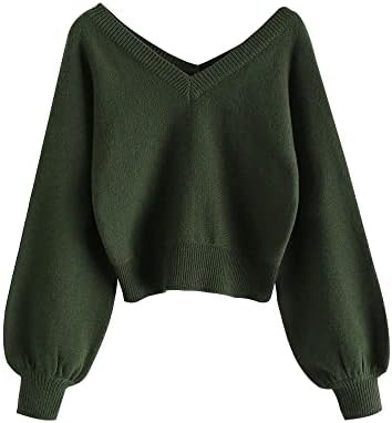 ZAFUL Women&#39;s Cropped Sweater V-Neck Long Sleeve Crop Sweater Pullover Jumper Knit Top