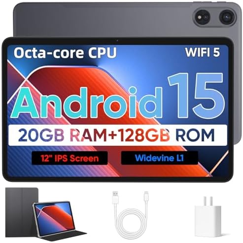 Android 15 Tablet with Octa-Core Processor, 12 Inch Tablets 20GB RAM (6+14GB), 128GB ROM+1TB Expand, 2000 * 1200 IPS Touch Screen, 8000mAh Battery 18W Fast Charge, 2.4\/5Ghz Dual Band WiFi - Black