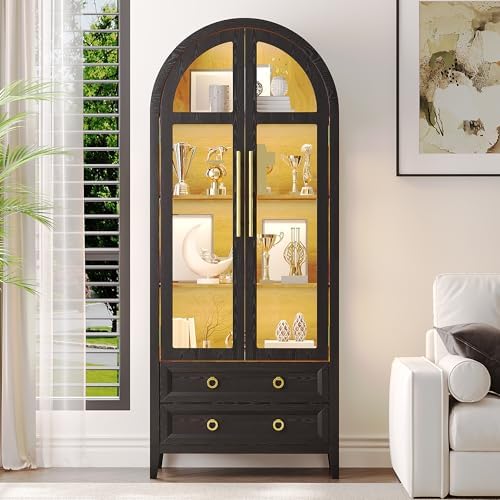 LVSOMT 71&#34; Tall Arched Storage Cabinet with Glass Doors and Drawers, Curio Display Cabinet with Adjustable LED Light &amp; Human Sensor, 4-Tier China Cabinet for Living Room(Black+Wood)