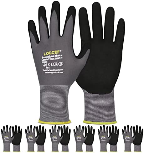LOCCEF Work Gloves MicroFoam Nitrile Coated-6 Pairs,Seamless Knit Nylon Gloves,Gray Work gloves
