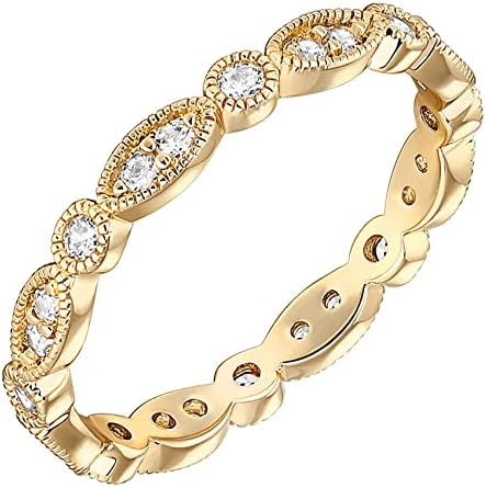 PAVOI 14K Gold Plated Cubic Zirconia Band  Round Milgrain Eternity Bands  Gold Rings for Women