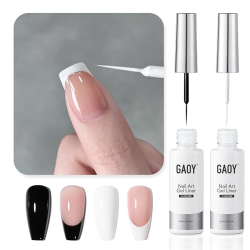 GAOY Black and White Gel Nail Polish Art Liner, 2Pcs 8ml Classic Colors Nail Paint Design with Thin Brush, UV Light Cure for DIY French Manicure at Home