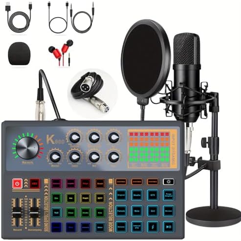 K800 Podcast Equipment Bundle, 48V Phantom Power with XLR Microphone Interface, 3 Customize Sound Pads, Voice Changer with Studio Microphone -Perfect for Recording, Singing, Streaming and Gaming