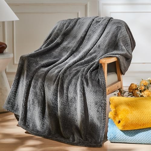 NEWCOSPLAY Super Soft Throw Blanket Dark Grey Premium Silky Flannel Fleece Leaves Pattern Lightweight Bed Blanket All Season Use (Dark Grey, Throw(50&#34;x60&#34;))