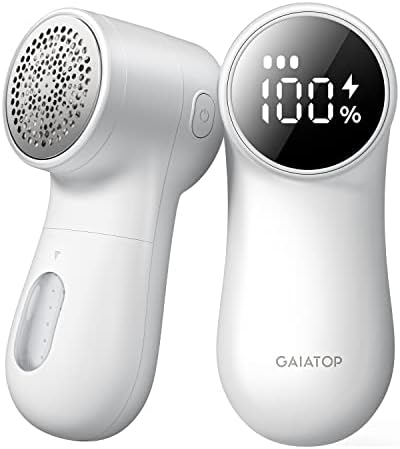 GAIATOP Fabric Shaver Rechargeable Lint Remover 3 Speeds Sweater Defuzzer, Cute Digital Screen Large Storage 6-Leaf Blades, Fuzz Pills Bobbles Trimmer for Clothes Furniture Bedclothes White 1 pcs