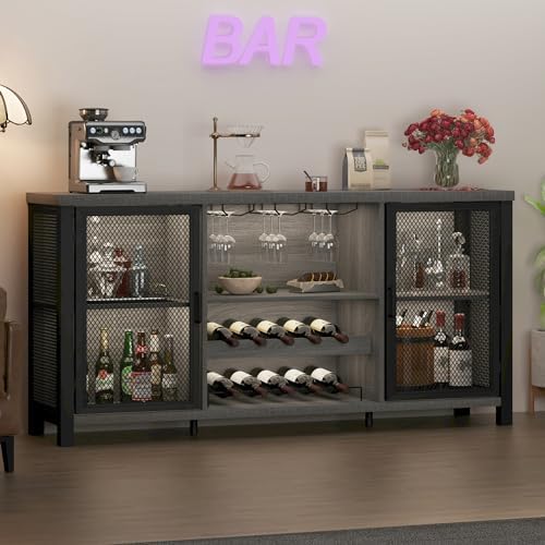Launica Industrial Coffee Bar Cabinet, Sideboard Buffet Cabinet for Liquor and Glasses, Rustic Wine Bar Cabinet with Storage Rack, Console Liquor Bar for Home Kitchen Dining Room, Light Gray Oak 55 In