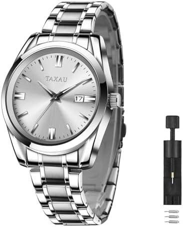 Taxau Mens Silver Watch Luxury Minimalist Dress Watch Waterproof Watches for Men Analog Quartz Stainless Steel Men&#39;s Wrist Watches with Date Luminous