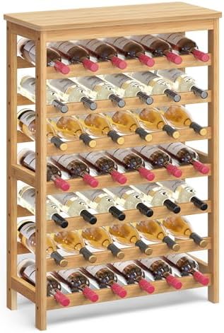 SONGMICS 42-Bottle Wine Rack Free Standing Floor, 7-Tier Display Wine Storage Shelves with Table Top, Bamboo Wobble-Free Bottle Holder for Kitchen Bar Dining Room Living Room, Natural UKWR27NL