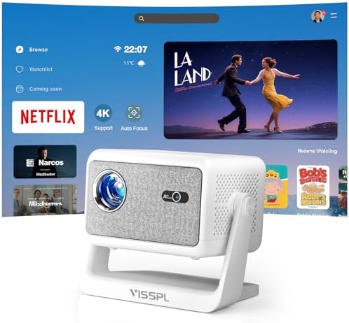 Netflix Licensed &amp; Auto focus ProjectorVISSPL Smart Projector with WiFi and Bluetooth, Auto Focus &amp; Keystone Protable Mini Projector with Stand, 4K Support Netflix Home Theater Projector White