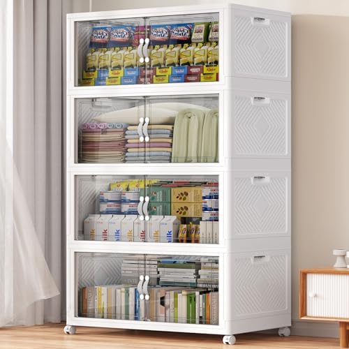 BROVIEW 640QT Extra Large Stackable Storage Bins, 160Gal Clear Plastic Closet Organizer Cabinet with Lid and Wheels, Collapsible Latch Boxes Folding Drawer with Door for Home Kitchen, V20 4Pack White