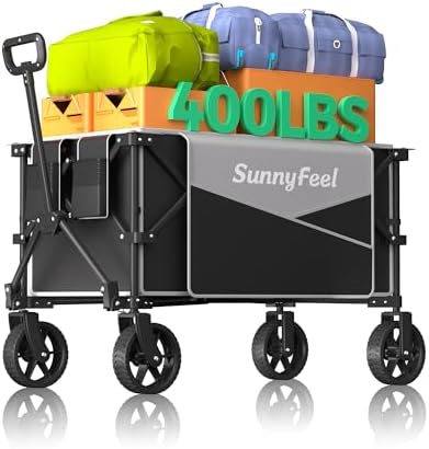 SunnyFeel 重型可折叠户外实用推车 400 磅容量可调节车把,可折叠沙滩轮稳定耐用牛津面料,适合购物花园露营(黑色和灰色)