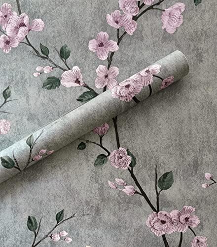 Floral Peel and Stick Wallpaper Grey Contact Paper Flower Waterproof Modern Wall Paper Decorative Removable Self Adhesive Wallpaper for Bedroom 17.7&#34; x 118.1&#34;