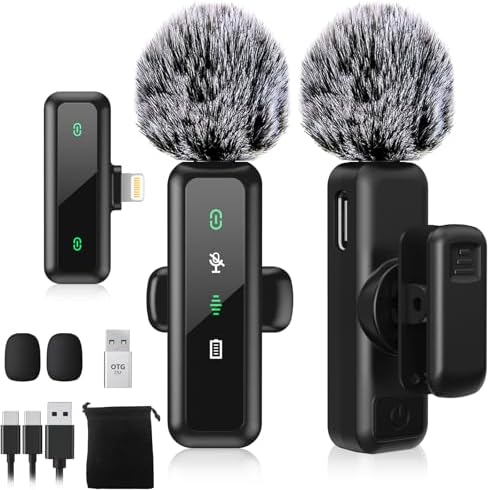 Wireless Lavalier Microphone for iPhone 5-14 Series, LED Display Mini Lav for iPhone with Noise Cancelling, Lapel Mic Wireless 2 Pack for Content Creator Video Recording, Vlogging (Lightning Only)