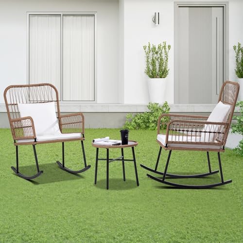Outdoor Patio Rattan Rocking Chairs Furniture Set, Indoor High Back Rocking Chairs Set of 3, Balcony Chairs Set with Glass Coffee Table and White Cushions, Suitable for Balcony, Front Door, Porch