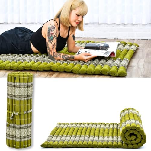 Leewadee - Kapok Roll Mat \u2013 Handcrafted Folding Sleep &amp; Relaxation Mattress from Thailand, Ideal as Guest Bed, Camping Mat, Yoga Mat or Traditional Futon, 75 x 39 inches, Green