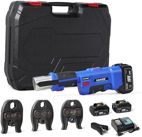 MMNZE Pro Press Tool Kit, Electric Rechargeable Copper Stainless Steel Tube Pipe Fitting Crimping Tool with 1\/2&#34; 3\/4&#34; 1&#34; Pro Press Jaws and 2 Batteries, 3T 1&#34; Stroke, LS-1525