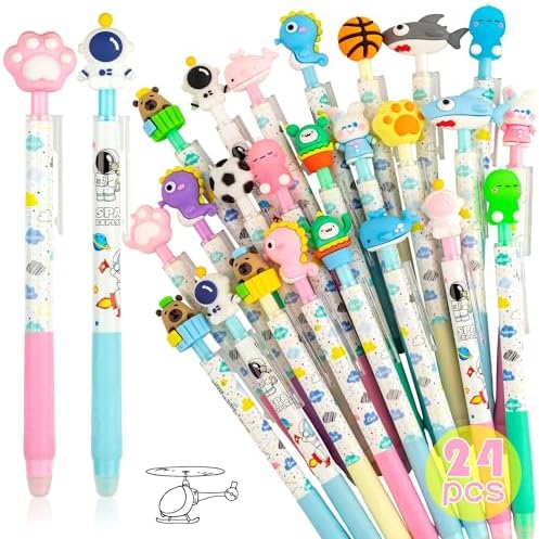 Yuechen Cute Erasable Gel Pens - 24 Fun Retractable Blue 0.5 mm Kawaii Animal Pens for Kids - Perfect for Boys and Girls, Birthday Gifts and School Supplies for Children
