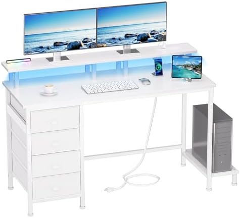 Furologee 47&#34; White Computer Desk with 4 Fabric Drawers &amp; Monitor Stand, Gaming Desk with Power Outlets - LED Lights, Home Office Space-Saving Study Table for Bedroom Small Spaces