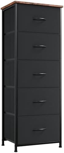 Somdot Tall Dresser for Bedroom with 5 Drawers, Storage Organizer Chest of Drawers with Removable Fabric Bins for Closet Bedside Nursery Laundry Living Room Entryway Hallway, Black Rustic Brown