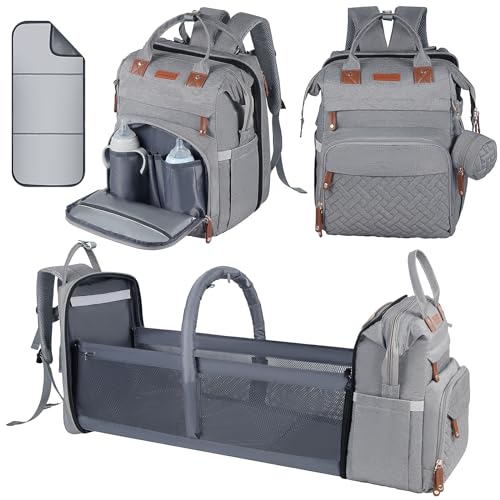 Baby Diaper Bag, Backpack with Changing Table, Unisex Baby Bag, with Diaper Pad, USB Charging Port, Insulated Pacifier Case, Multifunctional Waterproof Travel Diaper Bag, Gift for Newborn Baby (Grey)