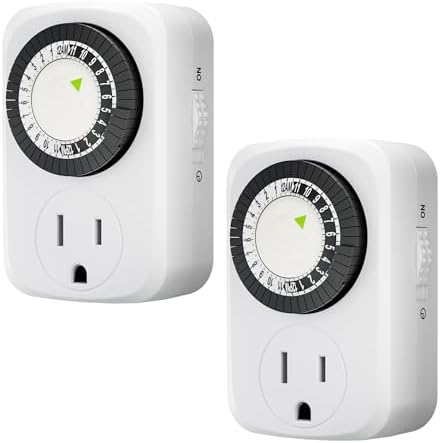 HBN Indoor Mini 24-Hour Mechanical Outlet Timer, for Electrical Outlets, 30 Minute Intervals, 3-Prong, 2-Pack, Light Timer for Indoor Lighting, ETL Listed