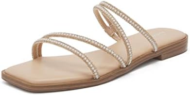 vodvob Women&#39;s Rhinestone Flat Sandals Slip on Memory Foam Sandals Open Toe Slide Sandals