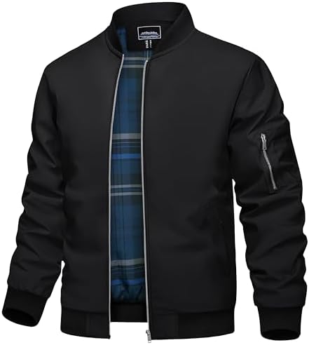 TACVASEN Men&#39;s Bomber Jacket Lightweight Windbreaker Plaid Lined Casual Fashion Spring Fall Windproof Zip Up Jacket for Men