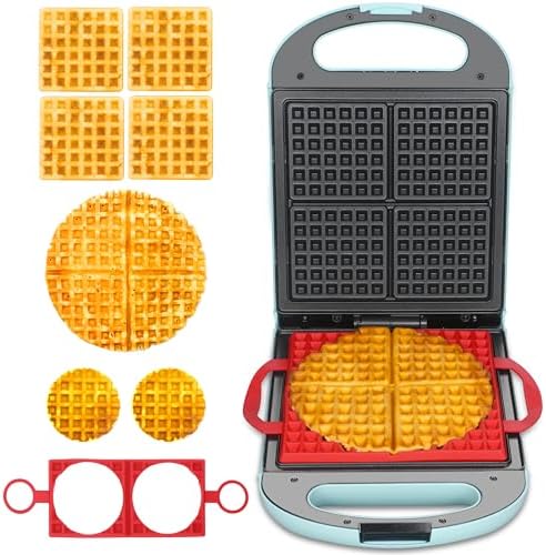 Baker&#39;s Friend Multi Shapes Waffle Iron, Combo of Mini &amp; Classic Waffle Makers, Belgian &amp; Chaffle Maker, 2 Silicone Molds, Aqua