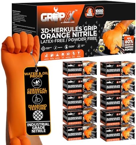 GRIPXX Herkules Grip Heavy Duty 8Mil Orange Nitrile Gloves,3D Raised Diamond Texture-Latex &amp; Powder Free-Industrial, Mechanic