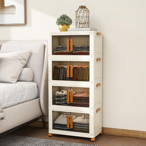 Edospaen 4 Tier Stackable Plastic Storage Bins with 1 Lid 45 QT\/Tier, Collapsible Plastic Box Storage Bin with Wheels, Home Containers Boxes Closet Organizers for Living Room, Office, Dorm