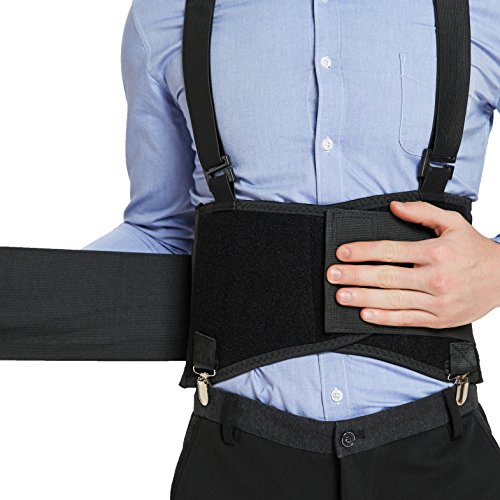NeoTech Care Lumbar Brace with Removable Pants Clips &amp; Detachable Suspenders - Back Support Belt - Adjustable, Light, Breathable - Shoulder Holsters - Work, Posture (Black, Size S)