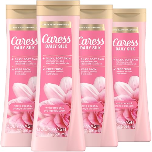 Caress Body Wash for Women, Daily Silk White Peach &amp; Orange Blossom, Shower Gel Body Wash Moisturizing for Noticeably Silky, Soft Skin, 20 fl oz, 4 Pack