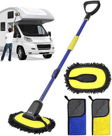 SEG Direct Car Wash Brush Mop Kit Extendable with Long Handle, Detachable Pole, D Shaped Grip, Chenille Scratch-Free Replacement Head, Cleaning Dusters Towels, for Car RV Truck Washing Detailing