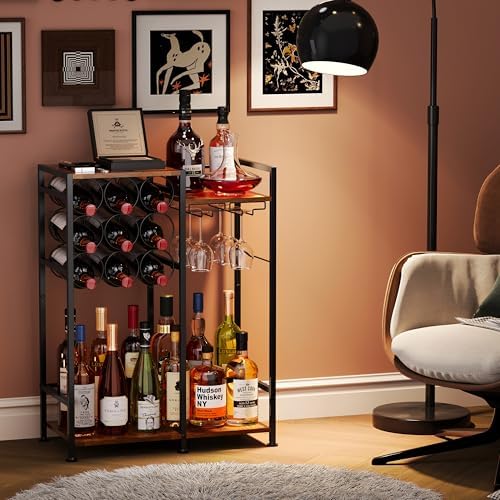 Freestanding Liquor Stand with 9-Bottle for Home Bar, Versatile Wine Rack Freestanding Floor with Glass Holder and Fences, Mini Bar Table Liquor Whiskey Wine Display Large-Capacity Corner Wine Cabinet