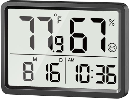DOOMAY Room Thermometer Indoor - Hygrometer Temperature and Humidity Monitor with High Accuracy Sensor LCD Display Large Display Date Clock for Kitchen Baby Room Office (Black)