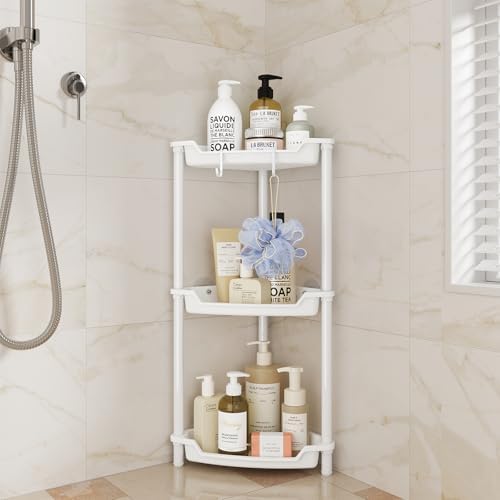 ELYKEN Corner Shower Caddy, 3 Tier Rustproof Floor Standing Shower Organizer, Plastic Metal Splicing Floor Shower Corner Shelf Rack Storage Stands Adjustable Feet &amp; 2 Hooks for Bathroom, White