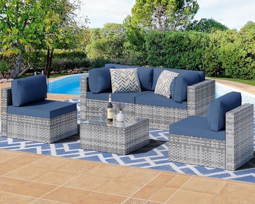 Shintenchi 5 Pieces Outdoor Patio Sectional Sofa Couch, Silver Gray PE Wicker Furniture Conversation Sets with Washable Cushions &amp; Glass Coffee Table for Garden, Poolside, Backyard (Aegean Blue)